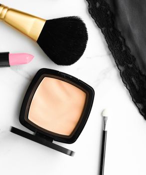 Make-up and cosmetics products on marble, flatlay background - modern feminine lifestyle, beauty blog and fashion inspiration concept