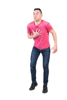 Full body of sick man in casual wear feeling nauseous and preparing to vomit while suffering isolated on white background in light studio