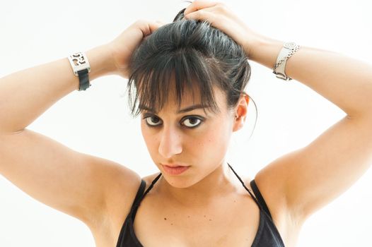 Pretty girl combing, on white background