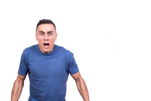 Studio portrait with white background of a man opening the mouth with expression of fear