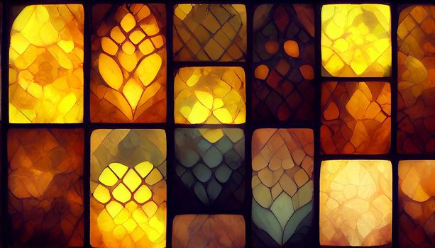 Yellow glowing stained glass pattern background. Beautiful abstract wallpaper Full HD.