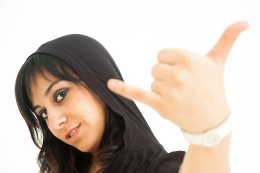 Modern pretty, on white background Modern pretty brunette girl with hood, on white background, close up