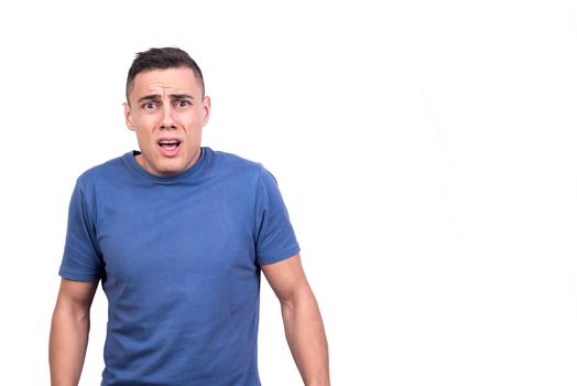 Studio portrait with white background of a caucasian man expressing incredulity