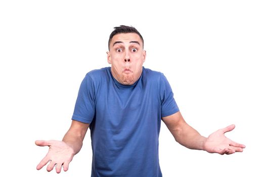 Studio portrait with white background of a man expressing doubt while gesturing with hands upwards