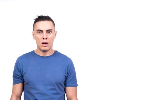 Studio portrait with white background of a man with blank stare and shocked expression
