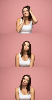 Collage of happy emotions. Set of three portraits of young brunette girl with positive emotions. Female feelings. Young woman in white t-shirt grimacing on camera on pink background