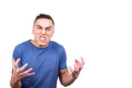 Studio photo with white background of a man gesticulating with his hands in anger