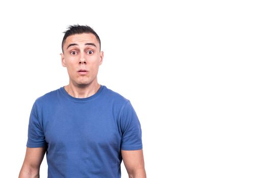 Studio photo with white background of a man standing with a surprised look on his face