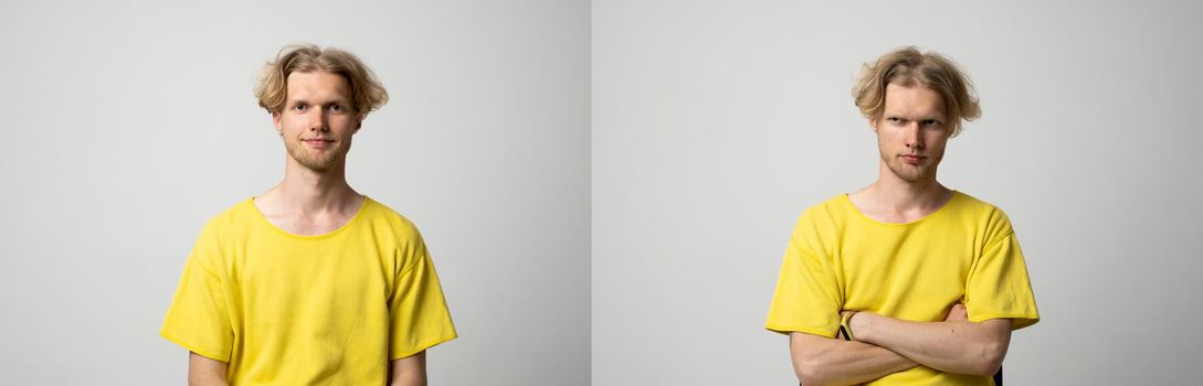 Collage with two different emotions of young man in yellow t-shirt on white background. Happy and sad