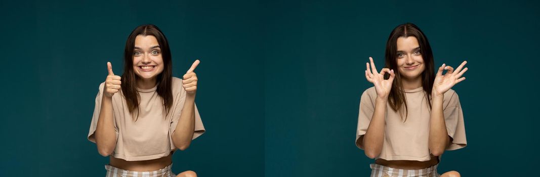 Set of two photos cheerful young happy brunette woman in a beige t-shirt showing a gestures thumb up and OK on cyan color background. Like gesture. Collage