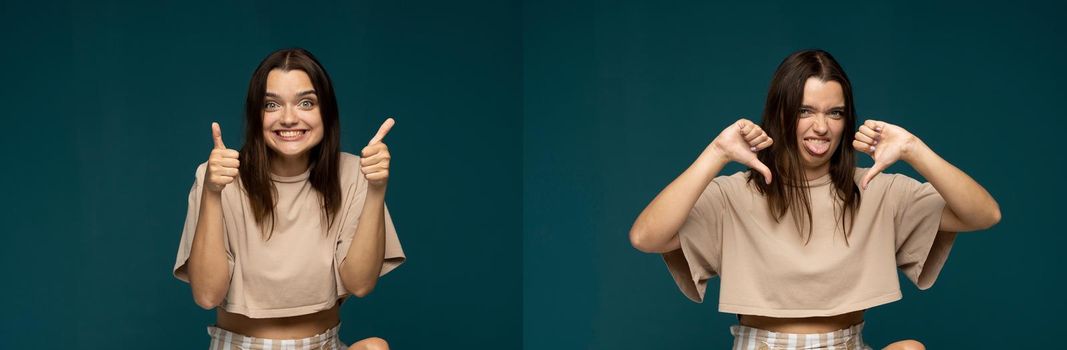 Set of two photos cheerful young brunette woman showing a gestures thumb up and thumb down on cyan color background. Like and unlike gesture