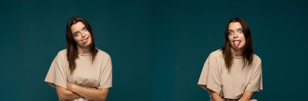 Collage of happy emotions. Set of two portraits with positive emotions of young brunette girl in beige oversized t-shirt showing her tongue with a happy face on cyan background