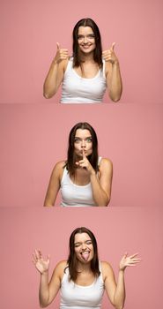 Collage of happy emotions. Set of three portraits of young brunette girl with positive emotions. Female feelings. Young woman in white t-shirt grimacing on camera on pink background