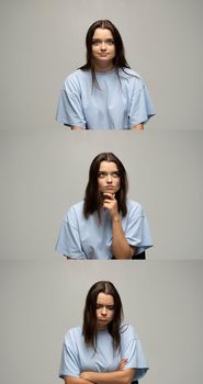 Photo collage of brunette girl's emotions composite positive and negative feelings and states. Rage, disgust, surprise, sadness, love, interest, attention, longing, happiness