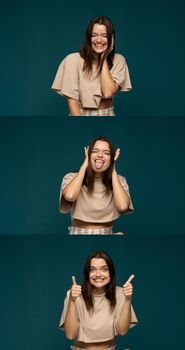 Collage of happy emotions. Set of three portraits of young brunette girl with positive emotions. Female feelings. Young woman grimacing on camera