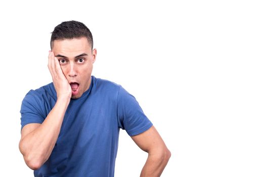 Studio photo with white background of a man with hand on face and expression of disbelief