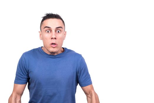 Studio photo with white background of a man with shocked expression looking at the camera