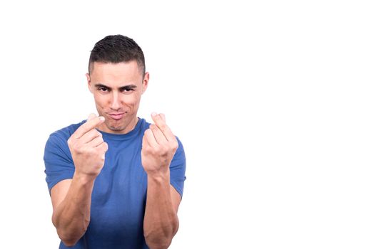 Studio portrait with white background of a man gesturing amount of money with his hands