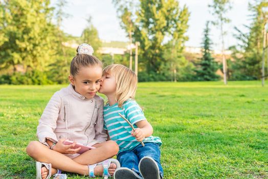 Front view of a little boy sitting on the grass giving his little sister a kiss on the cheek in the park.