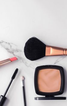 Modern feminine lifestyle, blog background and styled stock concept. Beauty and fashion inspiration - Make-up and cosmetics flatlay on marble