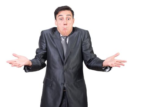 Mid shot of hesitant mail in elegant suit looking at camera with uncertain face expression isolated on white background in studio