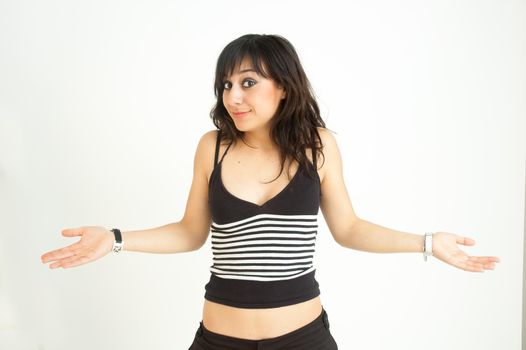 Pretty girl telling you that you have to decide, with long hair, on white background, medium shot