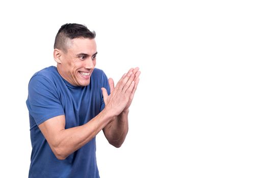 Studio portrait with white background of a man scrubbing his hands with satisfied expression