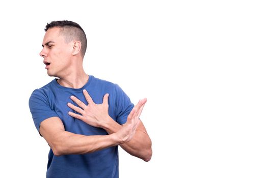 Studio portrait with white background of a man with a wounded heart gesturing to reject something