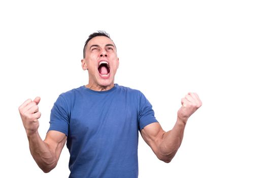 Studio photo with white background of a man shouting angrily while gesturing with hands up