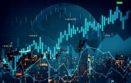 Financial graphs and digital indicators overlap with modernistic urban area, skyscrabber for stock market business concept. Double exposure.