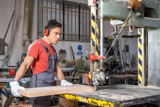 Male carpenter in uniform cutting wooden board on automatic band saw in professional joinery workshop