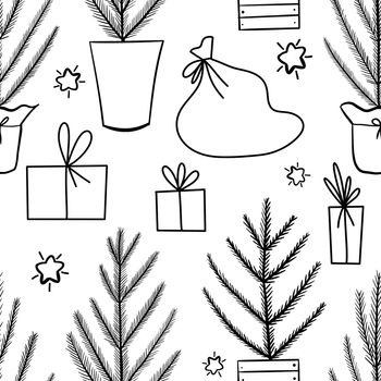 Hand drawn black and white seamless pattern with Christmas winter trees ornaments. Nordic Scandinavian new year december simple one line minimalist design, cute fabric print, cartoon doodle style