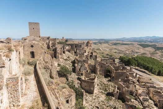 General shot of a mysterious ghost town. Craco, Italy.