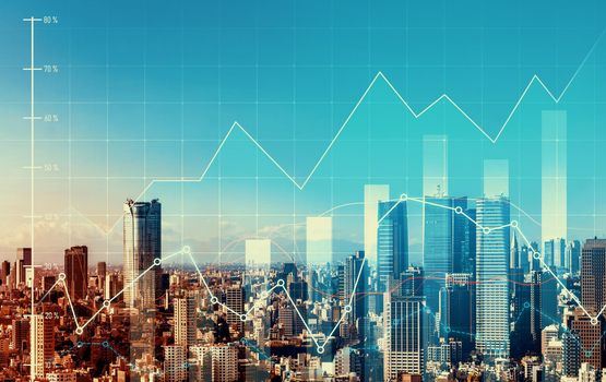 Stock market business concept. Financial graphs and digital indicators with modernistic urban area and skyscrapers as background. Double Exposure.