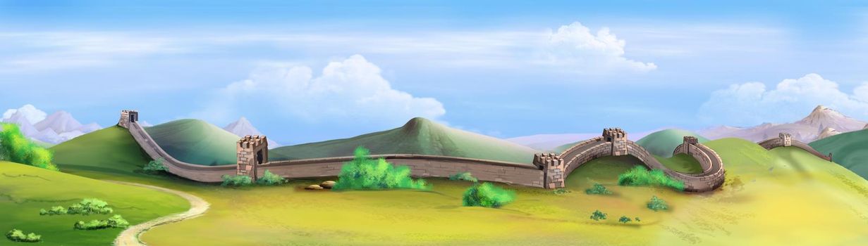 The great Wall of China on a summer day. Digital Painting Background, Illustration.