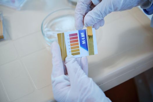 Close-up. Lab technician's hands in medical gloves, holding a litmus or reagent paper, conducting PH test, measuring the acidity or alkalinity of substances in a Petri dish in medical study laboratory