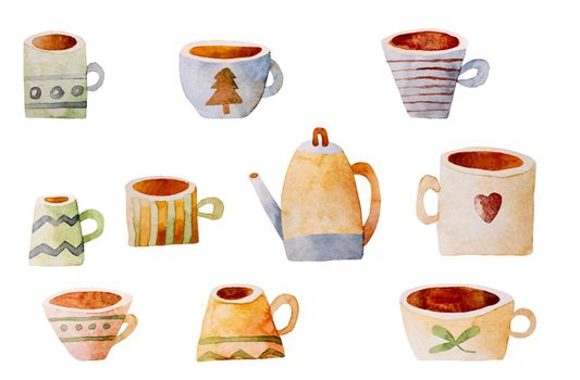 Beautiful cups watercolor illustration as symbol of warm autumn beverage. Variaty of aquarelle mugs paintings