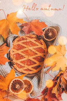 Banner hello autumn . cozy vibes . A new season. Autumn leaves. An article about autumn. Autumn pie. Jam pie