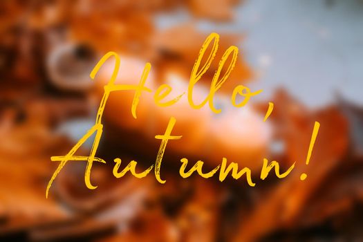 Banner hello autumn . cozy vibes . A new season. Autumn leaves. An article about autumn. Candles.