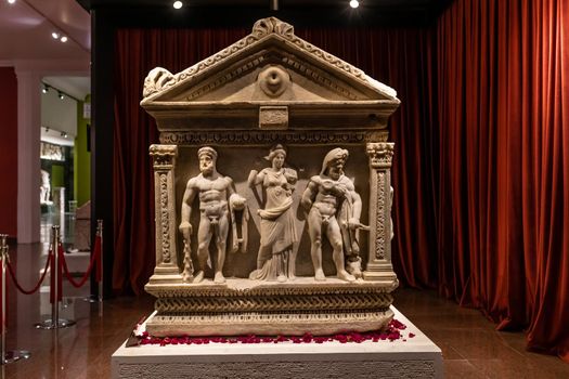 ANTALYA, TURKEY - JANUARY 18, 2020: The Heracles Sarcophagus. Antalya Archeological Museum is one of Turkey's largest museums located in Antalya city in Turkey