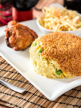 Regional African Food on white plate on wooden background