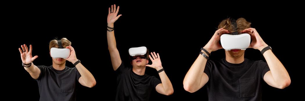 Young man wearing virtual reality VR glasses, goggles isolated on black background. Inside A Metaverse games and education concept.