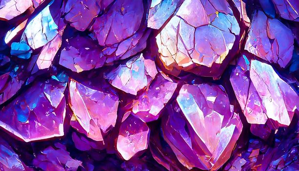 3D Render gemstone texture of the precious crystal background. Copy space. Colored shiny bokeh surface.