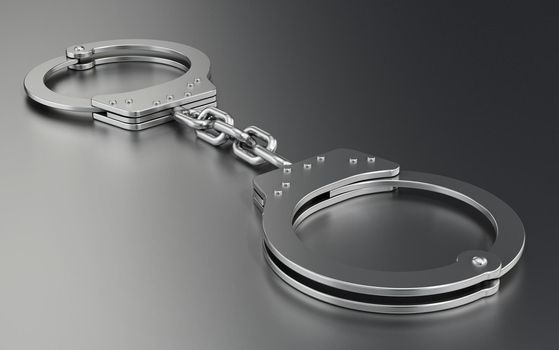 Handcuffs standing on gray background. 3D illustration.
