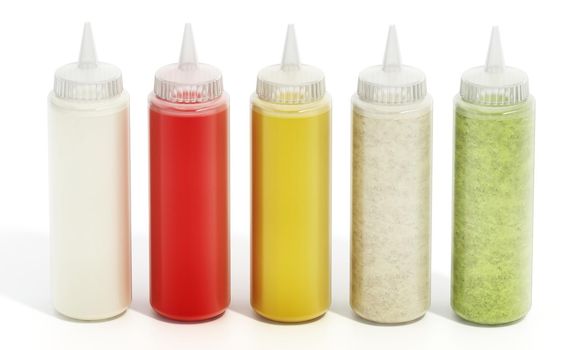 Various sauces inside plastic food squeeze bottles. 3D illustration.