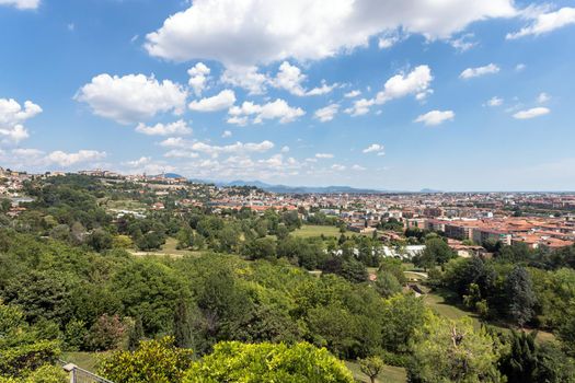 Bergamo. New and old city. Down and upper town. One of the beautiful city in Italy. Lombardia. Landscape on the old city during a wonderful blu day. Bergamo, ITALY - July 6, 2022.