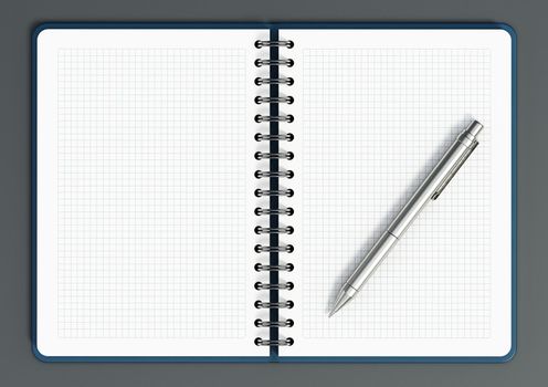 Spiral notepad with blank pages and ball point pen. 3D illustration.