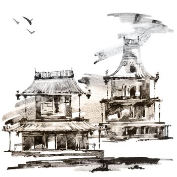 Watercolor and ink sketch - illustration of pagoda building with clouds, oriental traditional sumi-e painting