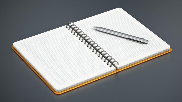 Spiral notepad with blank pages and ball point pen. 3D illustration.