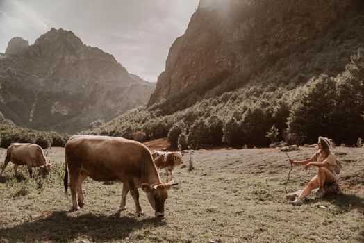 Travel, Lifestyle Concept. Beautiful woman enjoys views of the alpine village in the Alps mountains. Young woman sitting and relaxing on alpine mountain looking the cow eating a grass in the summer. Happy tourist girl traveling to Europe.